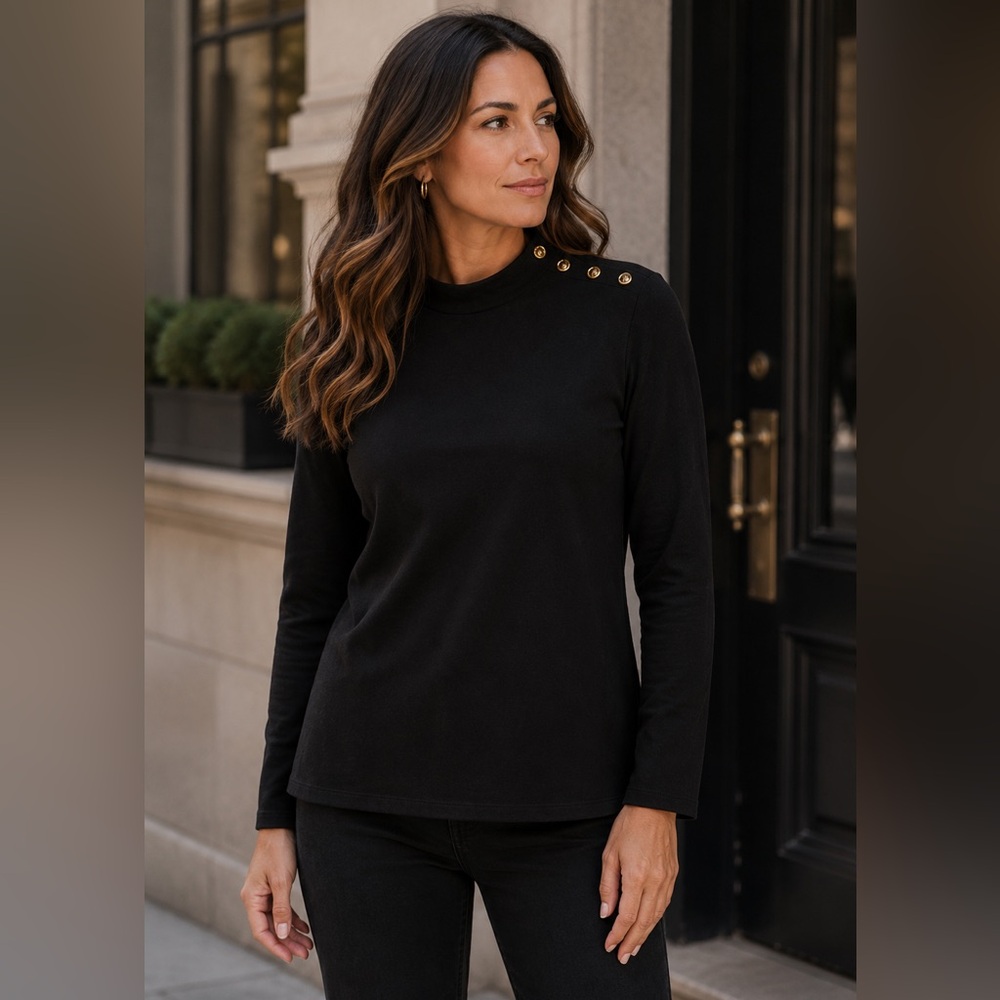J. McLaughlin Black Mock Neck Faux Suede Top Gold Button Shoulder Detail - Large